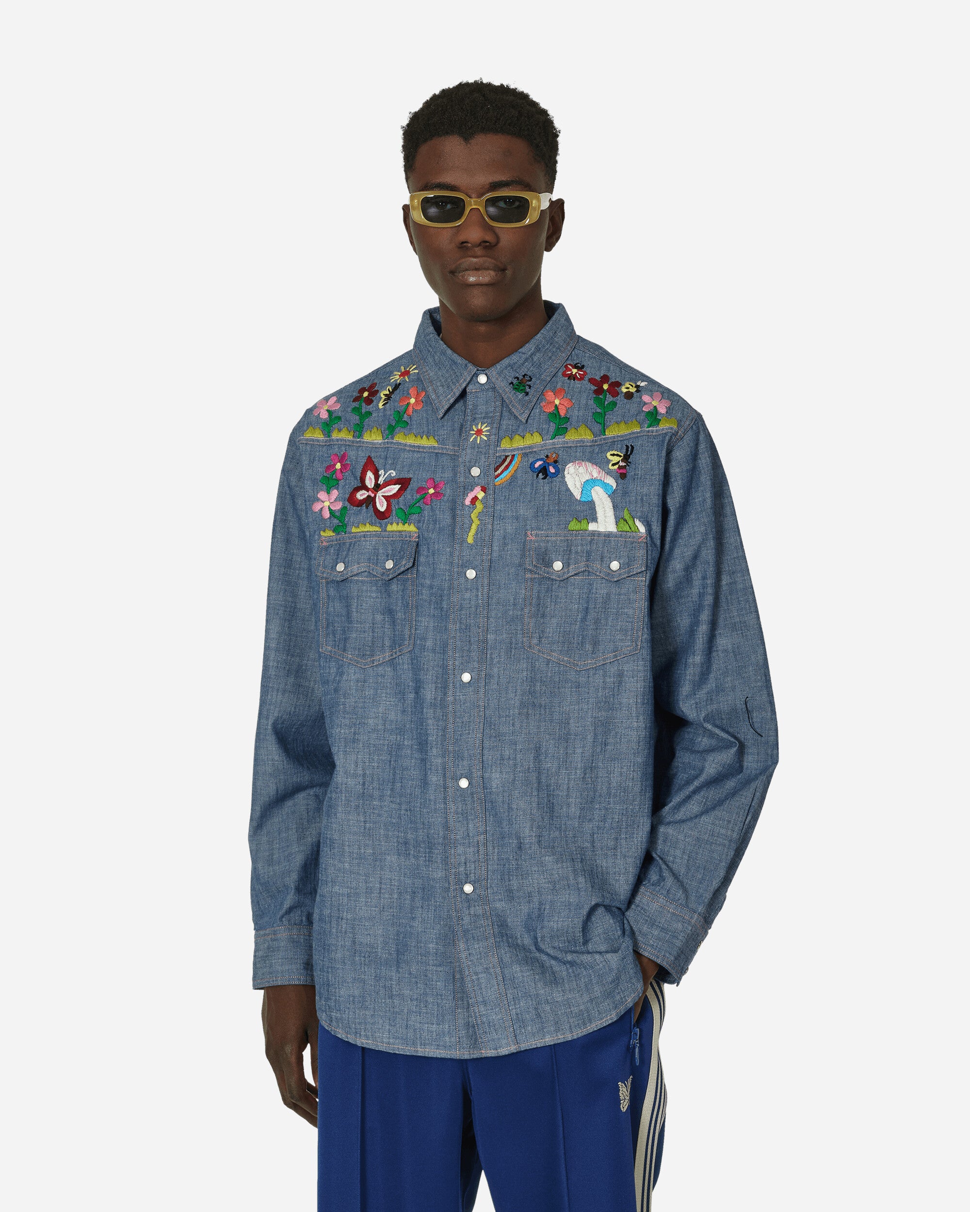 Needles Western Shirt - Cotton Chambray / India Emb. Blue Shirts Longsleeve Shirt OT213 BLUE